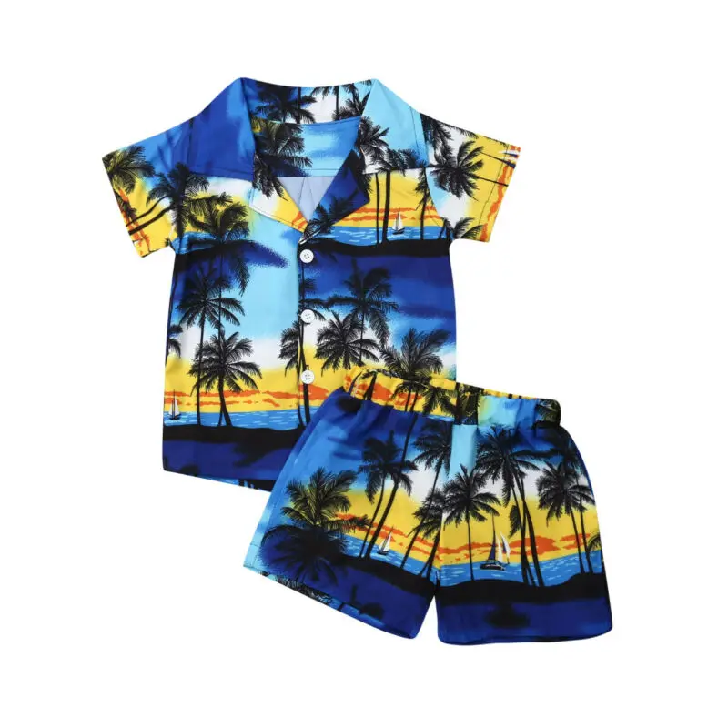 Hawaiian Style Beach coconut tree pattern 2pcs Toddler Kids Boys Summer Outfits Holiday Shirt Shorts Clothes Set | Детская одежда и