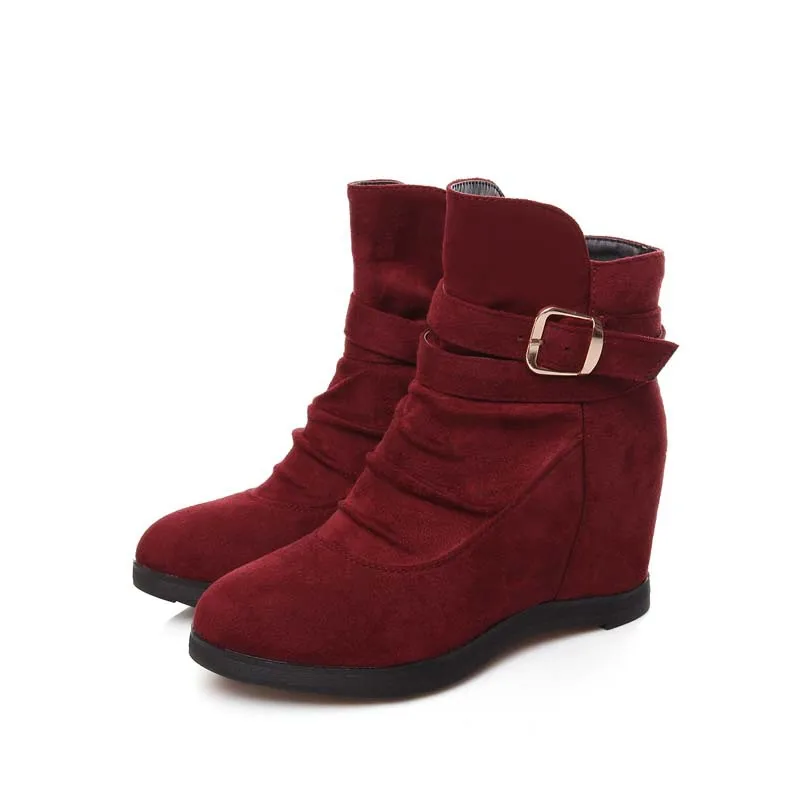 Flock winter women boots big size34 41 shoes Wedges Buckle High girls Round Toe Ankle for Black Red|high boots|ankle womenwinter |