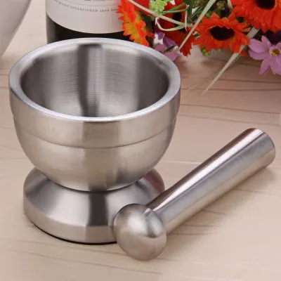 Double Stainless Steel Mortar and Pestle Pedestal Bowl Garlic Press Pot Herb Mills Mincers |