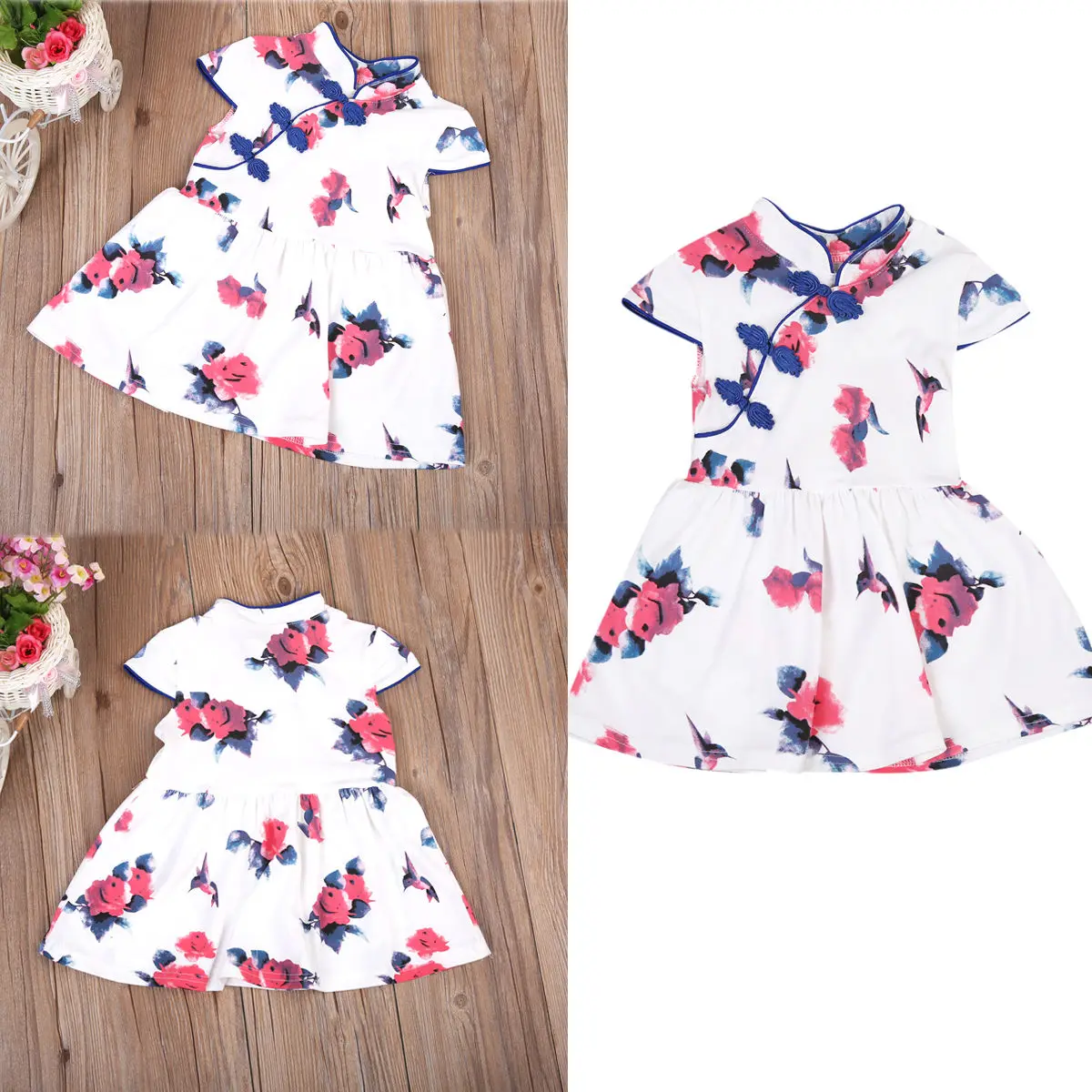 Платье-Ципао в китайском стиле с цветами красного и синего цвета | Детская одежда