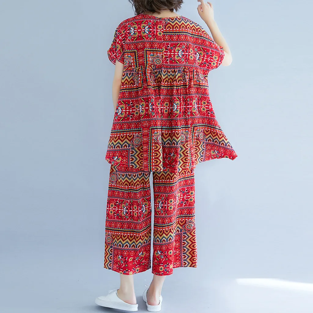 3. Для женщин костюмы принт с О образным вырезом топы короткими рукавами + широкие