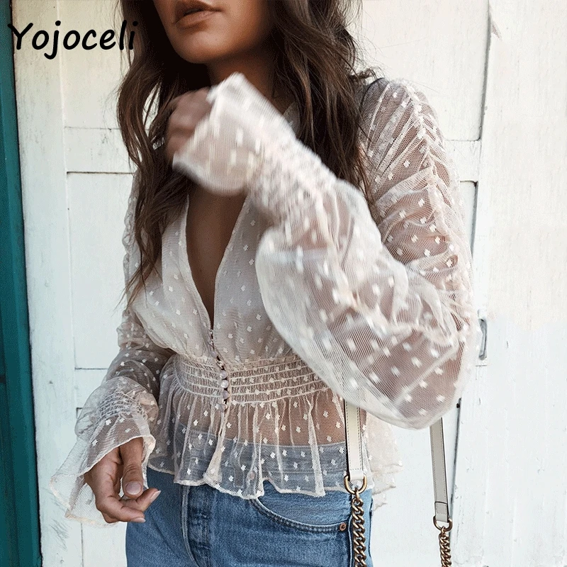 Yojoceli Весна-осень 2019 кружевное платье в горошек женские блузки рубашки Длинные