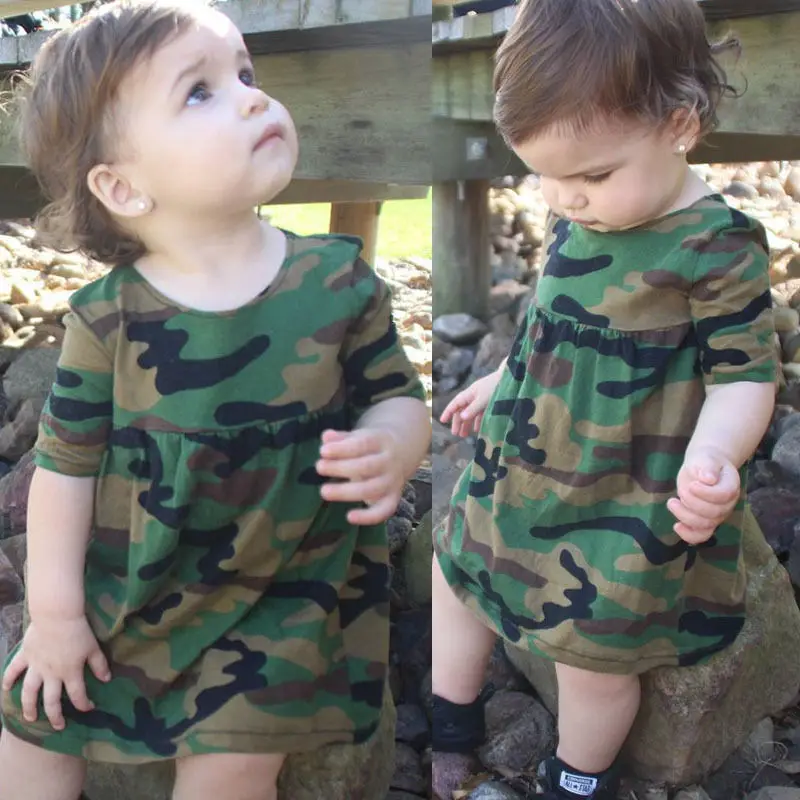 Summer Kids Baby Girls Dress Cute Army Green Camouflage Short Sleeve Loose Outfit Clothes Toddlers Soft Mini Vestidos | Детская одежда