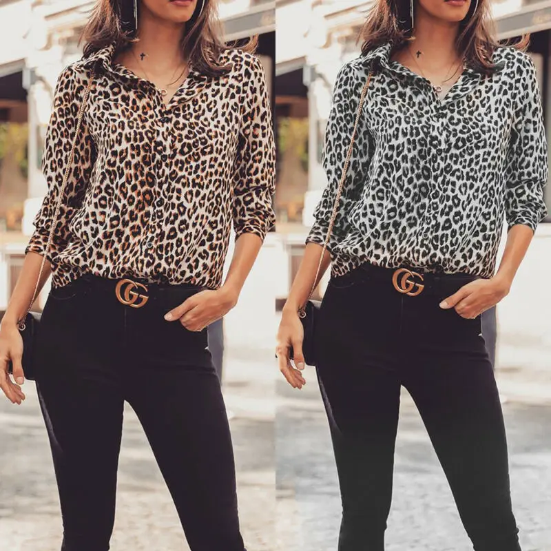 Fashion 2019 Women Sexy Leopard Print Button V-neck Casual Tops Long Sleeve Blouse Spring Autumn Shirts | Женская одежда