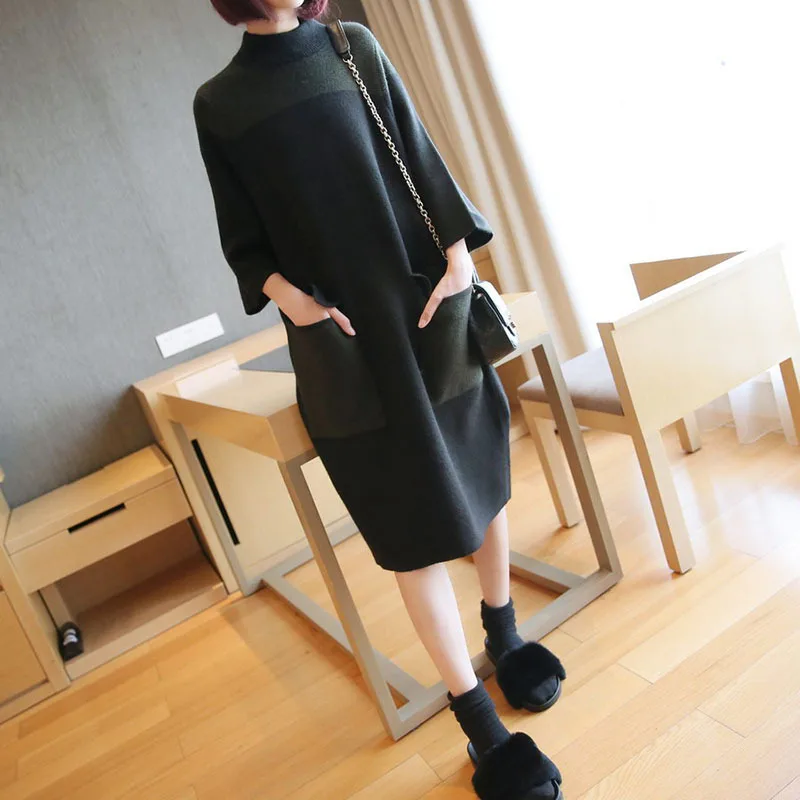 

2018 autumn new dress Korean fashion large size women's long loose knitting color matching sweater