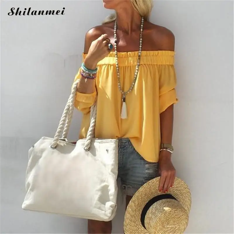 

Off Shoulder Blouse And Tops Women Slash Neck 2021 New Summer Black Yellow Shirts Half Sleeve Loose Tunic Blusas Camisas Mujer