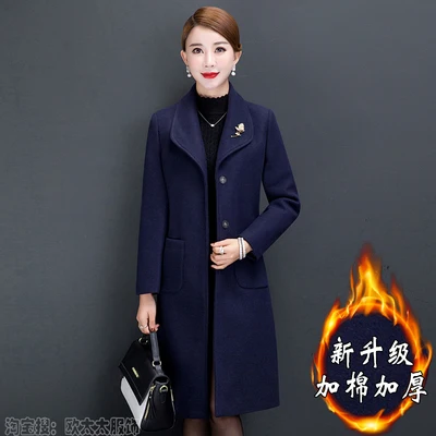 Navy blue thick Элегантное женское Шерстяное Пальто зимнее длинное шерстяное пальто среднего возраста размера плюс толстая верхняя одежда теплая шерстяная куртка женская 5XL TY321 - Цвет: Navy blue thick