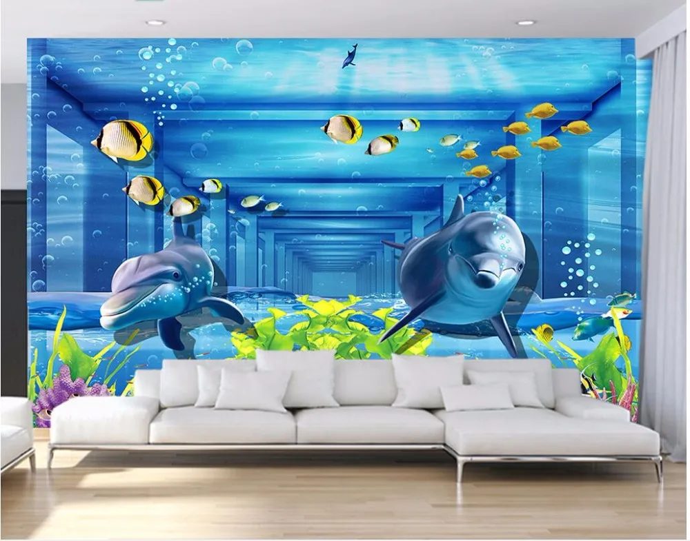 3D-обои на заказ объемные обои с изображением дельфина подводного мира гостиной