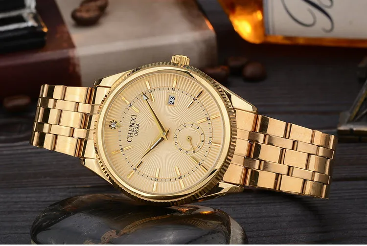 CHENXI брендовые золотые кварцевые часы с календарем, мужские роскошные часы, хит продаж, наручные часы, золотые часы, мужские стразы, часы Relogio Masculino