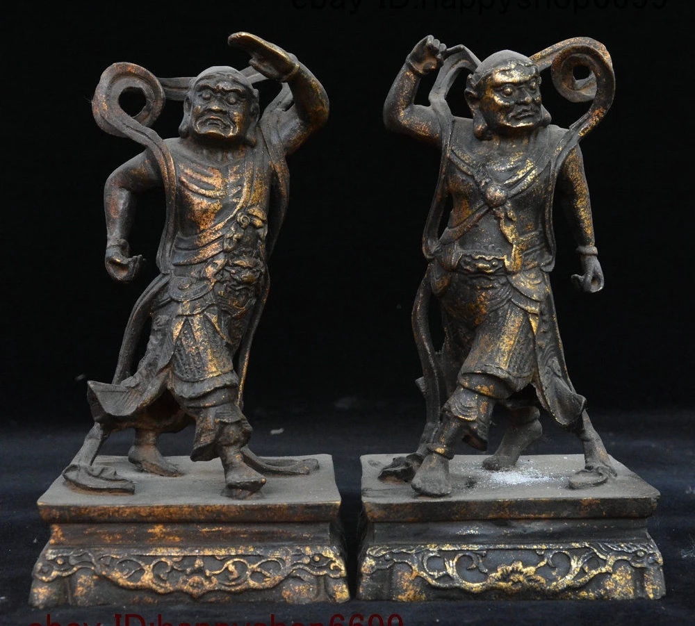 

8" Chinese Bronze Gilt Clairvoyance Clairaudience Troops Heaven God Statue Pairs