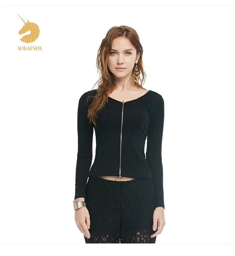 Oukytha Лето г. Повседневное Slim Fit Одежда с длинным рукавом v-образным вырезом Топы и футболки для женщин хлопок плотная черная рубашка с молнией для дам M15288