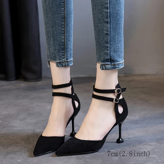 Black 7cm Замшевые туфли-лодочки на высоком каблуке 3 дюйма, размер 33, знаменитый котенок, г., темно-синие туфли-лодочки на высоком каблуке женские босоножки с завязками обувь с острым носком и ремешком - Цвет: Black 7cm