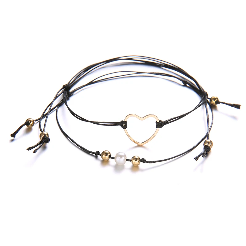 2 Pcs/Set Retro Heart Love Beads Leather Multilayer Adjustable Cuff Bracelet Set Women Fashion Clothing Accessories | Украшения и