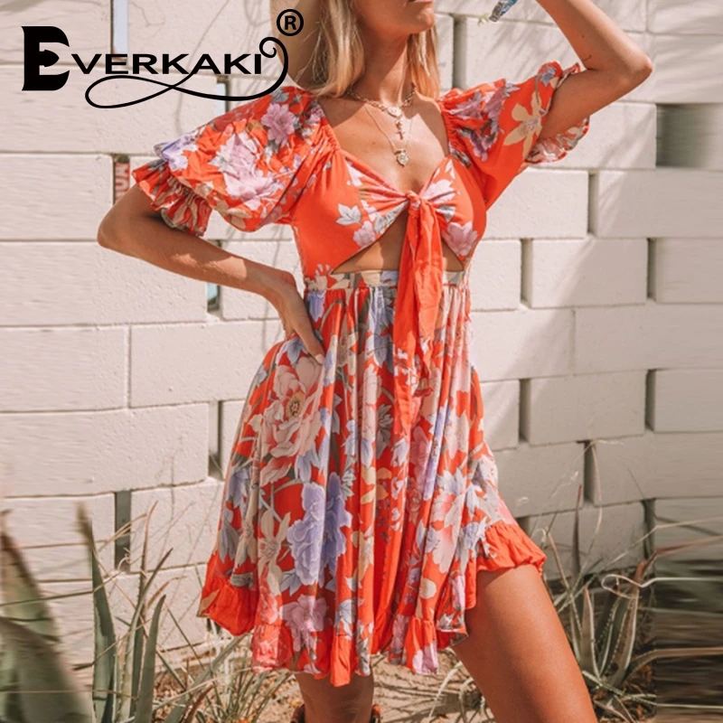 Everkaki винтажные Цветочные пляжные платья блузка мини бохо платье короткий рукав