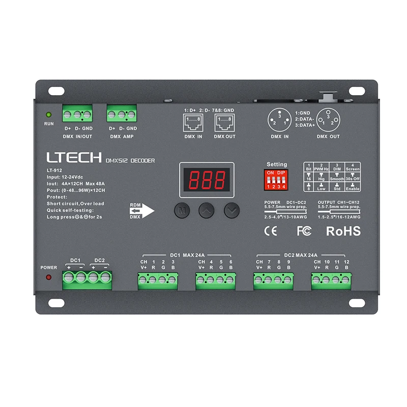 Светодиодный декодер DMX DC12V-24 В вход; 4A* 12CH 48A выход 1152 Вт RGB/RGBW Светодиодная лента 12 каналов DMX декодер XLR-3/RJ45 порт
