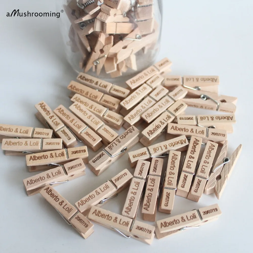 

Personalized Mini Clothespins Bridal Shower Name Decorated Wooden Craft Pegs with Name and Date Photo Wall Natural Clips