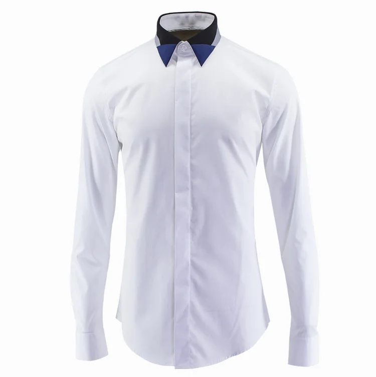 

new arrival fashion slim Blue and gray collar black tricolor fight long-sleeved shirt tide brand men plus size M L XL XXL3XL4XL