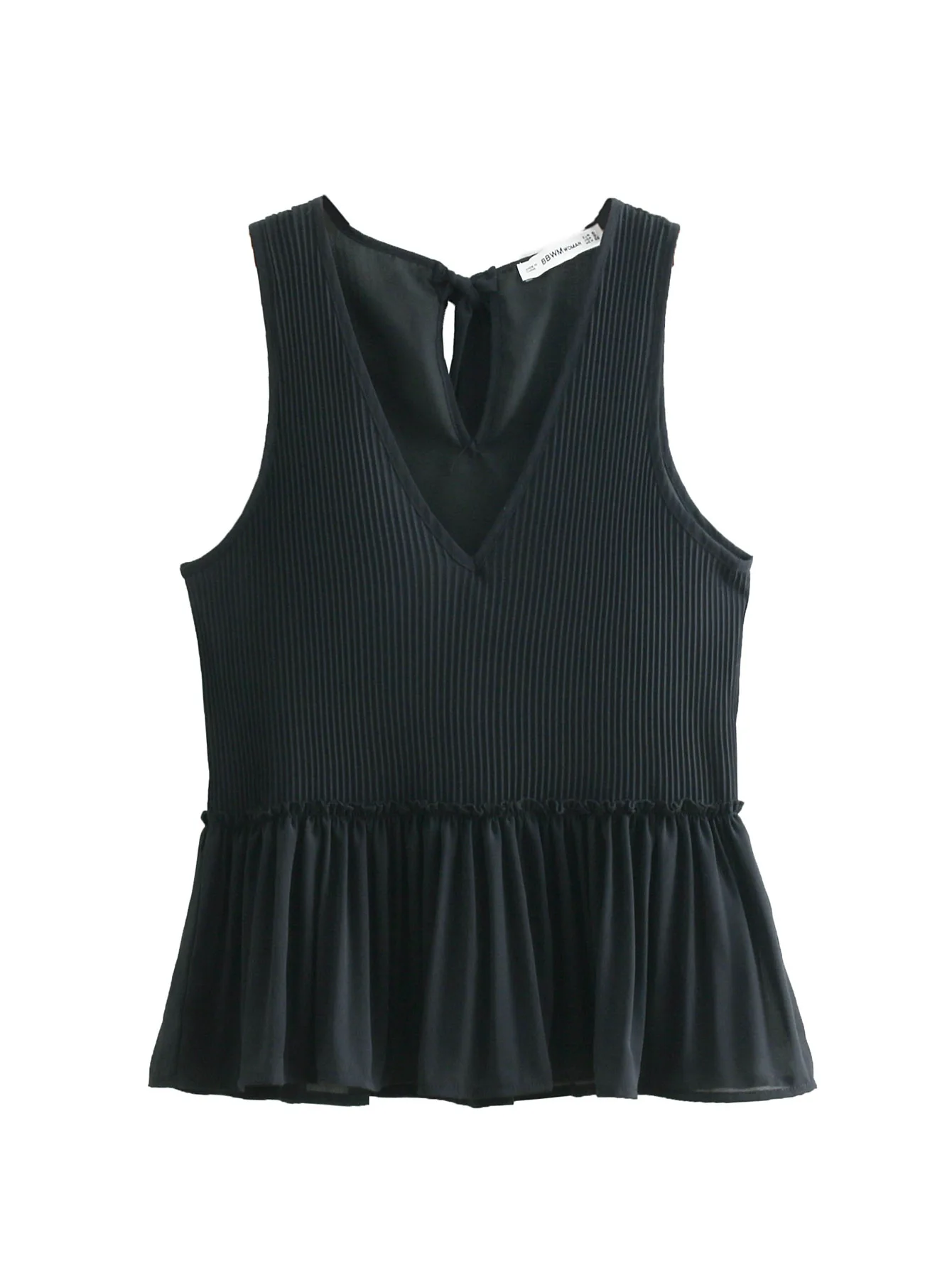 Women black white V neck blouse chiffon pleated sleeveless female casual shirts sweet solid chic summer tops blusas |
