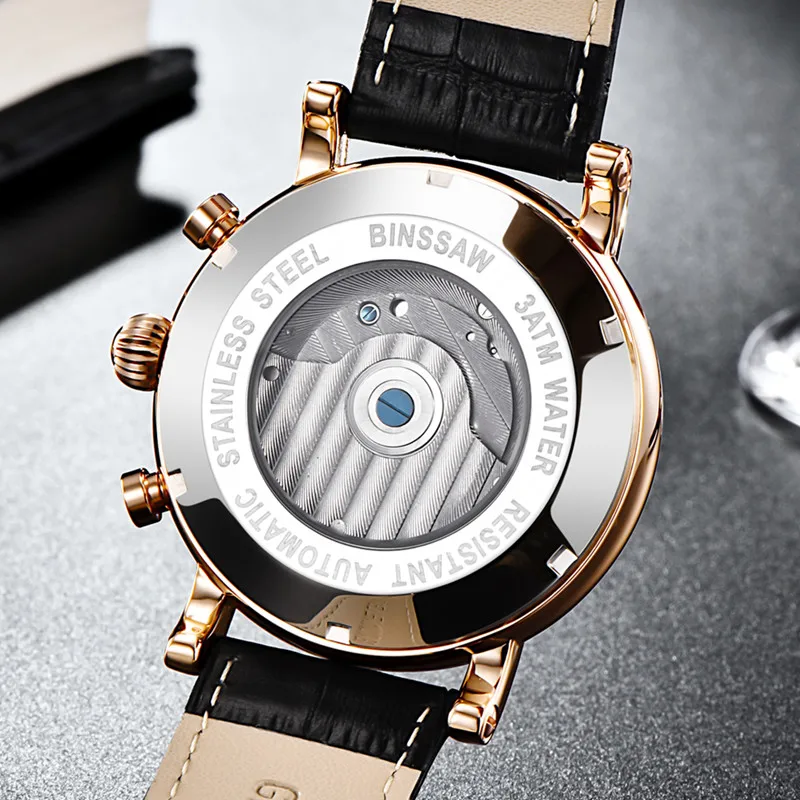 Часы BINSSAW Reloj мужские механические автоматические деловые кожаные Montre Homme Moon Phase