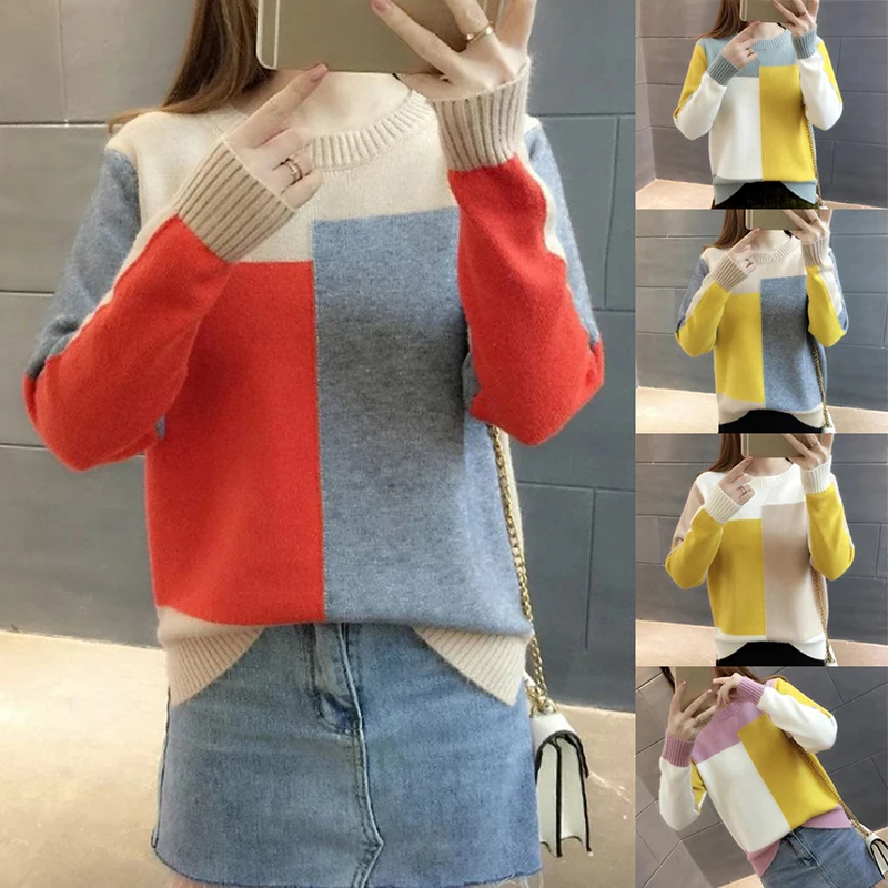 

Female Knitted Sweater Contrast Color Women Winter Sweater Long Sleeve Jumper Color Block Women Sweater And Pullover