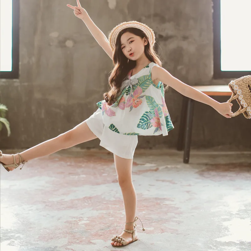 2019 комплект одежды для девочек Модный жилет с принтом + шорты 2 предмета летняя