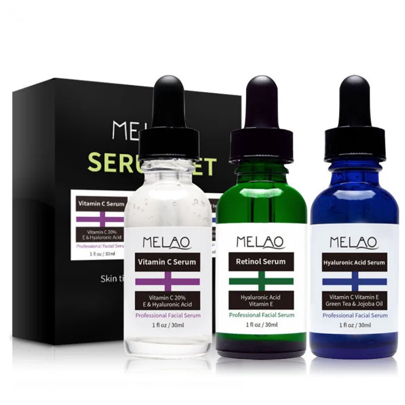 MELAO 3pcs 30ml Face Serum Gift Set Vitamin C Hyaluronic Acid 2.5% Retinol Serum Moisturizing Whitening Anti-aging