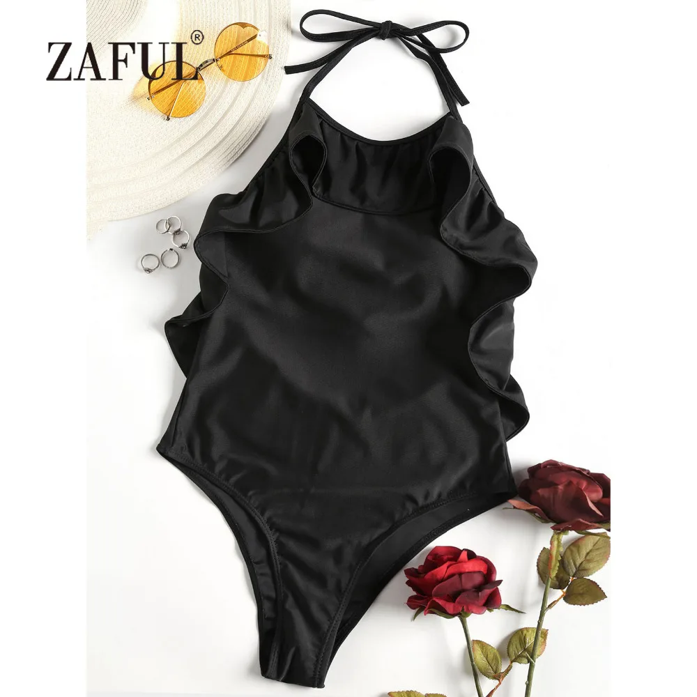 Женский купальник с рюшами ZAFUL Цельный высокой горловиной и оборками купальный
