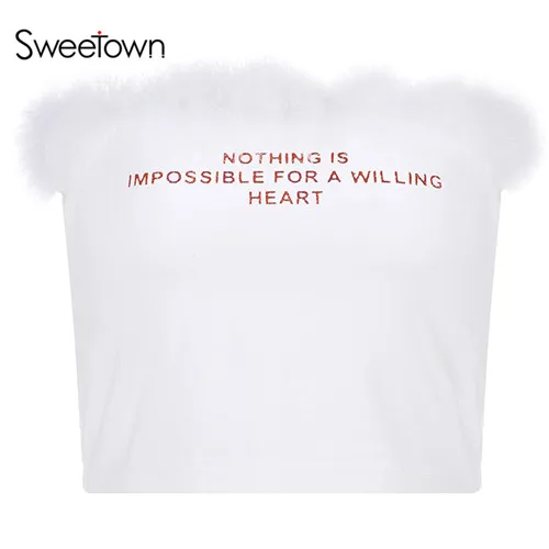 white Sweetown белый короткий топ с буквенным принтом летние женские модные облегающие сексуальные Клубные вечерние топы с перьями в стиле пэчворк уличная одежда - Цвет: white