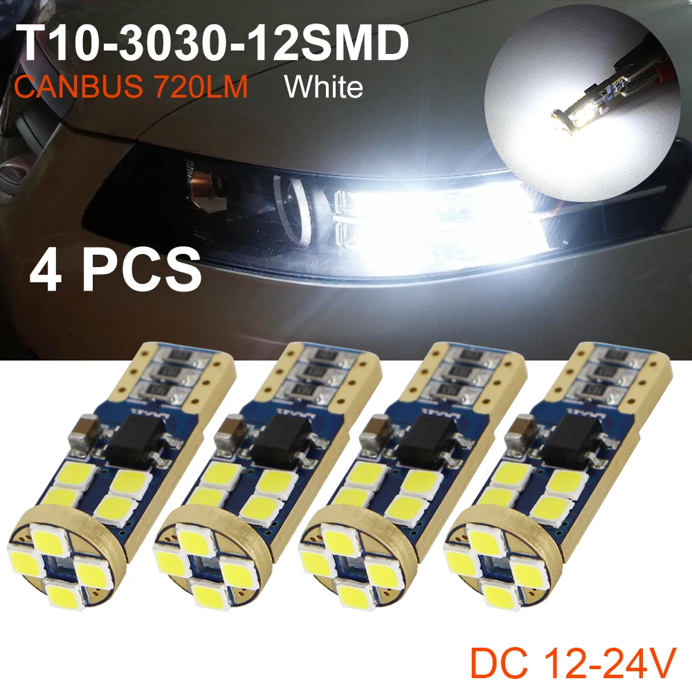 

4X T10 CANBUS LED W5W 194 168 LED Bulb 12 Chips 3030 SMD 12V White Light Lamps For Auto Car Dome License Plate Lights Taillight