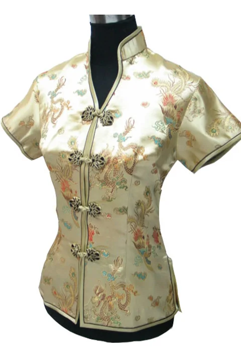 Summer Stylish Navy Blue Chinese Women Blouse Traditional Silk Satin Shirt Tops V-Neck Clothing Size S M L XL XXL XXXL WS002