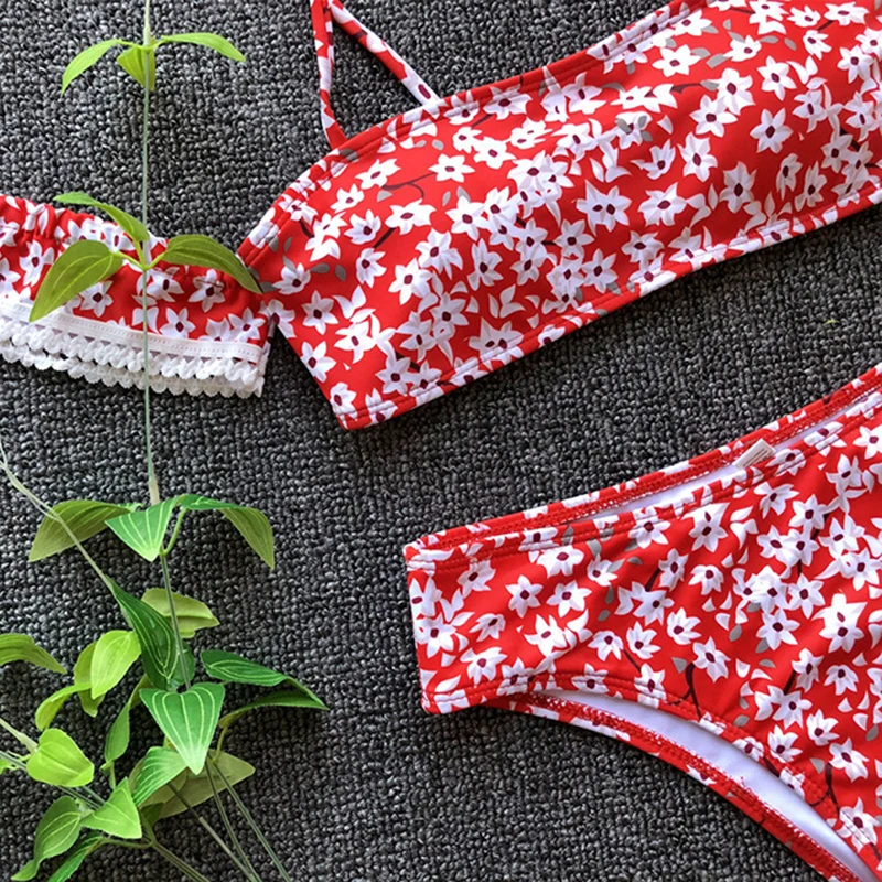 2019 High Waist Bikini Set Floral Sleeve Bikinis Bandeau Brazilian Biquini Swimwear Women Printed Swimsuit Push up Bathing Suits |