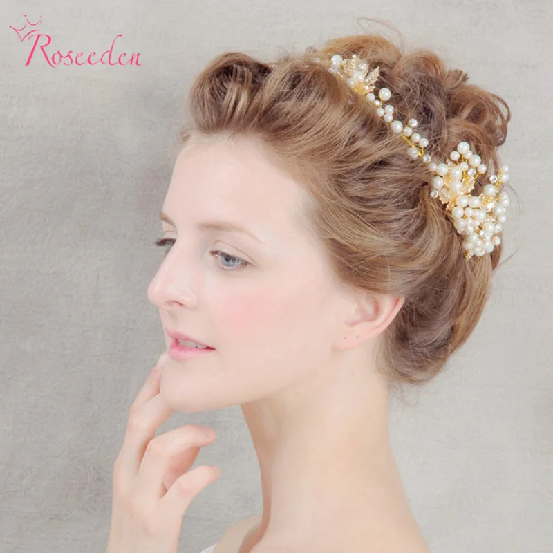 

bridal Wedding Party Gold Plat Royal Hair Jewelry Pearl Headbands Flower Head Piece Bride Tiaras Wedding Hair Accessories RE586