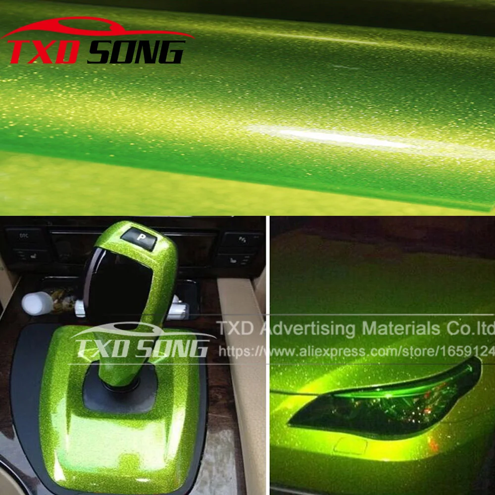 

12/30/50/60CMX100CM/LOT Fluorescent Green High Glossy Glitter Diamond Car Wrap Color Change Film Glossy glitter vinyl sticker
