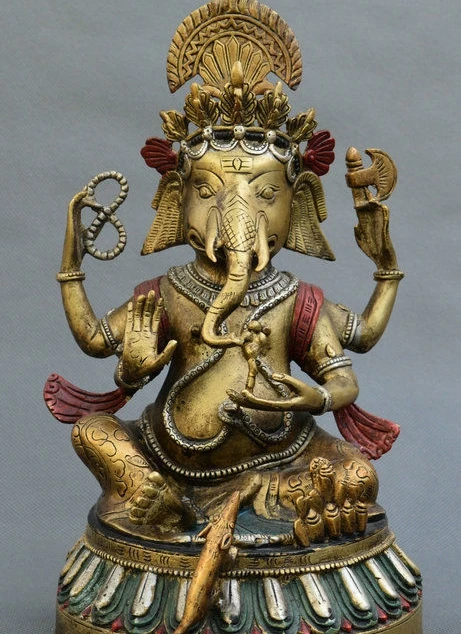 Тибетский буддизм чистый Бронзовый Цвет Окрашенные 4 руки слон Ганеш статуя