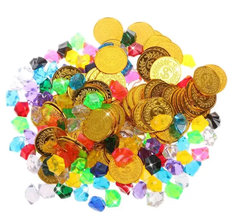 Pirate Toys Gold Coins and Gems Treasure for Party Plastic Acrylic Faux Diamond gift | Дом и сад
