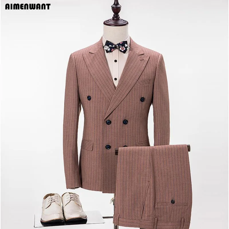 

AIMENWANT NEW Custom Men's Suit Slim Fit Double Breasted Brown Prom Suit Blazer Fashion Man Dinner Party Dress Suits 3pcs