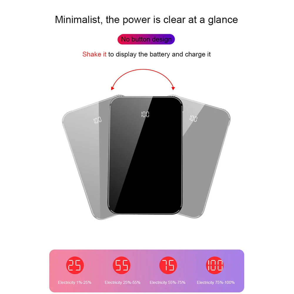 LEMFO Mini power Bank 10000 мАч ЖК дисплей с зеркальным экраном 2.1A Быстрая зарядка 2 в 1