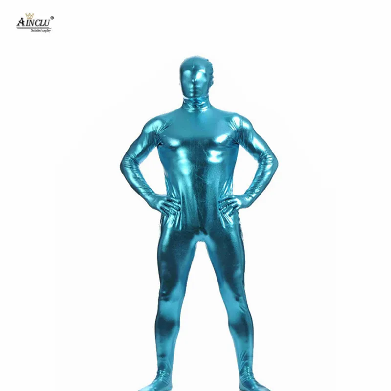 Синий клей Ainclu цельнокроеный металлический Zentai для хеллоуина блестящий спандекс