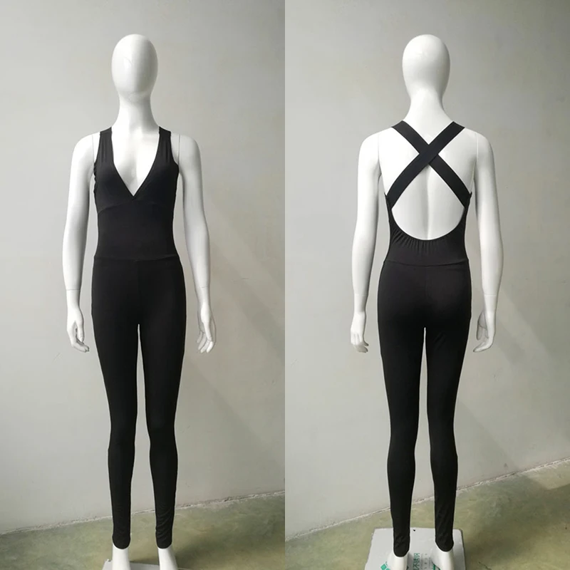 Цельный комплект одежды для йоги черный комбинезон с глубоким V образным вырезом