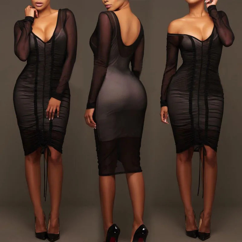 Сексуальное полупрозрачное летнее Сетчатое платье вечернее с длинными рукавами