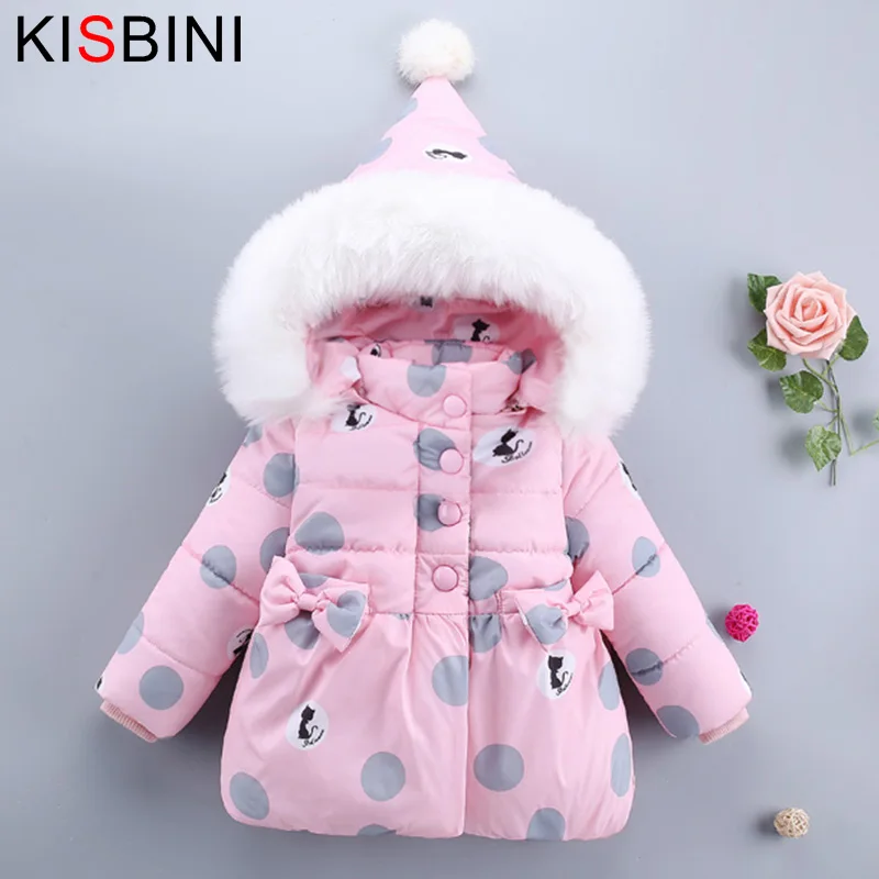 Детское теплое пуховое пальто KISBINI куртка с капюшоном в горошек и котом верхняя