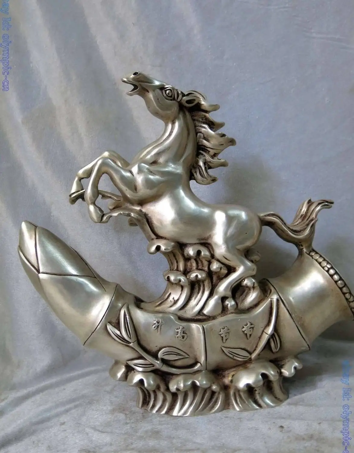

11" China Silver fine lucky rise rapidly bamboo joint horse Sculpture Statue