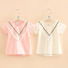 Одежда для девочек, лето 2021, Детская Хлопковая Однотонная футболка белого, розового цветов с V-образным вырезом, короткими рукавами и бахромой, с круглым вырезом, От 2 до 10 лет