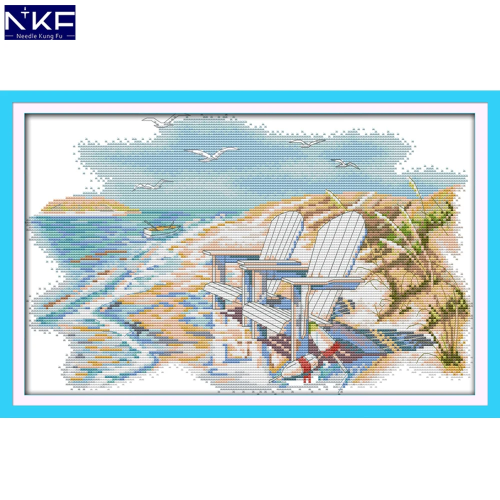 

NKF A Quiet Beach Stamped Cross Stitch Pattern DIY Kits Needlework Embroidery Set Chinese Cross Stitch for Home Decor