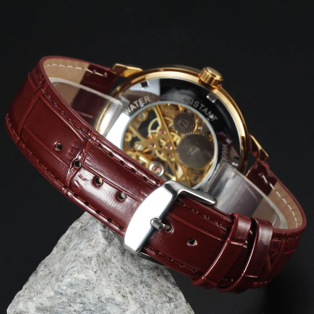 FORSINING 3D логотип дизайн полые гравировка черный золотой корпус кожаный Скелет