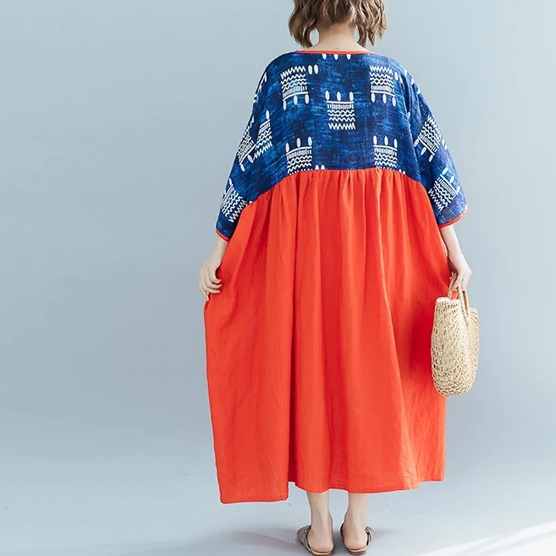 Женское платье свободное японское в стиле пэчворк винтажное пляжное средней