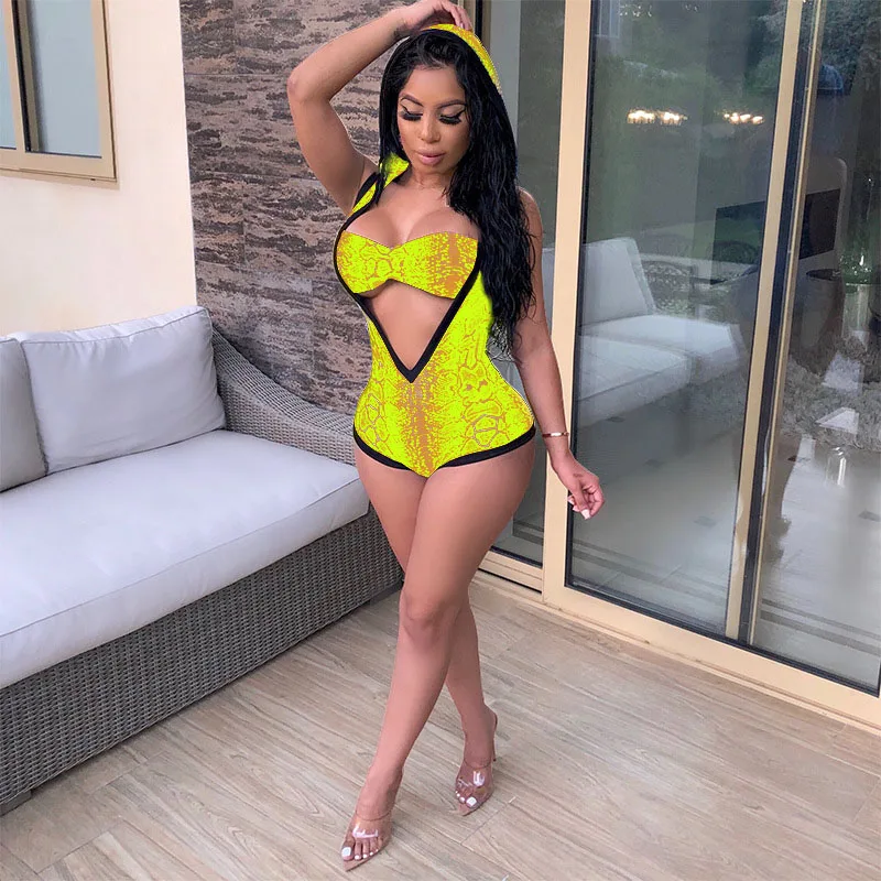 

Echoine Sexy 2 Piece Set V-neck Swim Suit Sleeveless Hollow Out Swimwear Top + Playsuit Summer Beach Clothing