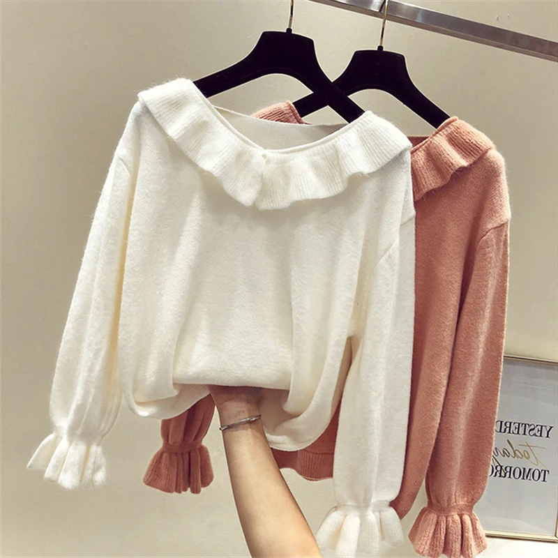 Casual Slim Sweater Women Autumn Winter Knitting Pullovers Long Flare Sleeve Ruffle Pullover Woman | Женская одежда