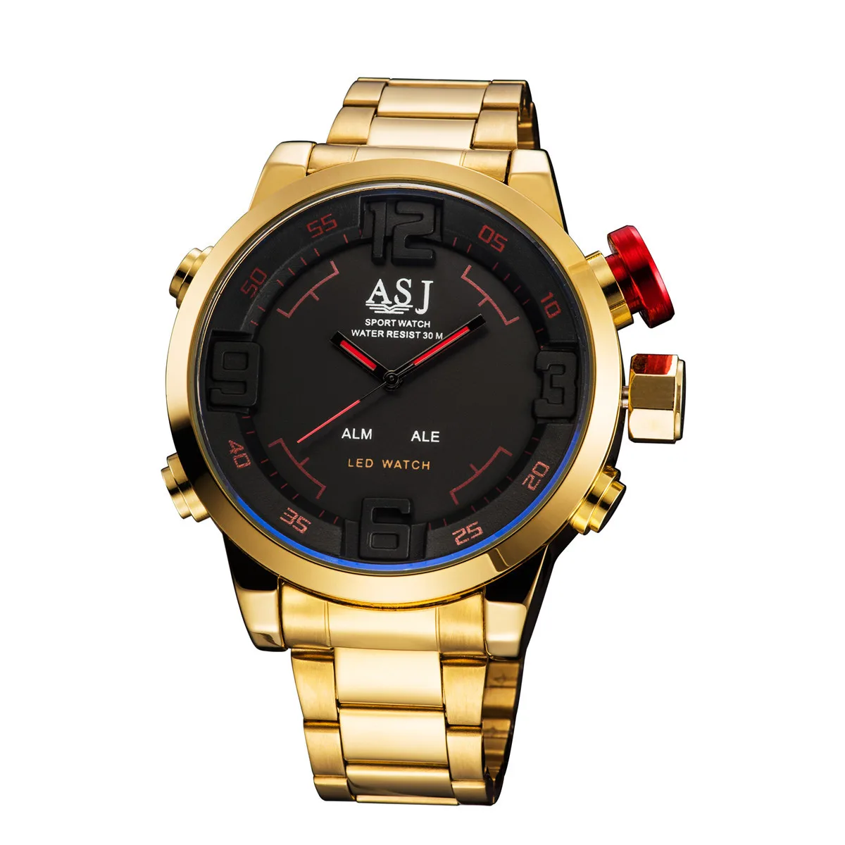 ASJ Brand Men's Military Watches Men Luxury Gold Steel Strap Quartz Watch LED Display Sports Wristwatches 50M Waterproof | Наручные