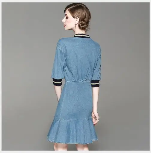 Женское платье 2018 новой осени модное облегающее из денима русалка для женщин повседневное платье с V-образным вырезом и короткими рукавами высокого качества.